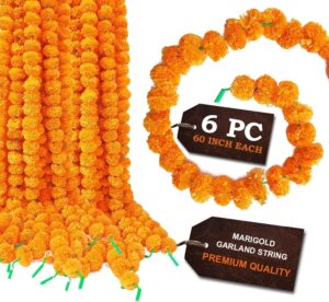 satvik 6 pc (5feet/60 inch) artificial marigold flowers garland for puja indian/american indoor/outdoor party decoration for diwali, christmas, wedding, halloween, mantle, spring bush faux orange