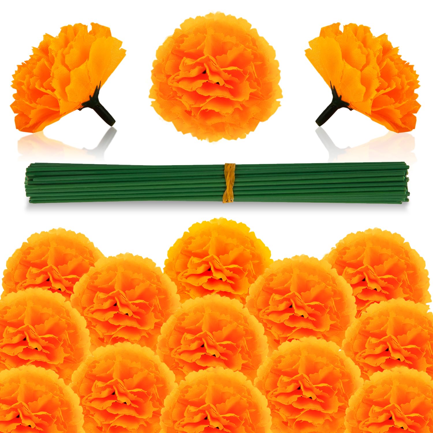 Labeol 50PCS Marigold Flowers Artificial Marigold Flowers Heads Bulk Mexican Decoration Silk Orange Marigold Garland with Stems for Day of The Dead Halloween Diwali Party Decorations Home Decor