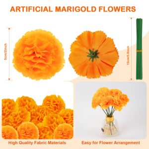 Labeol 50PCS Marigold Flowers Artificial Marigold Flowers Heads Bulk Mexican Decoration Silk Orange Marigold Garland with Stems for Day of The Dead Halloween Diwali Party Decorations Home Decor