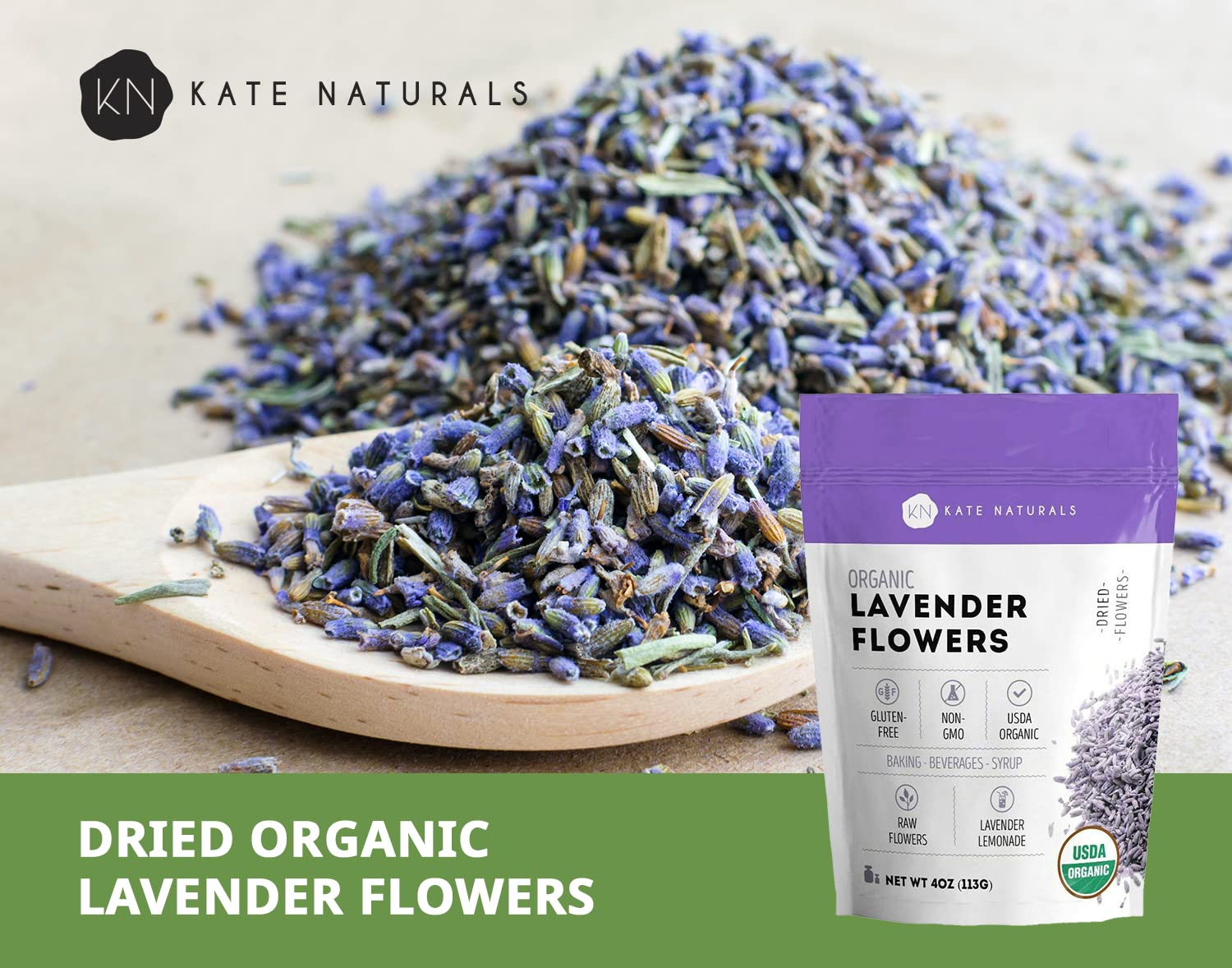 Dried Lavender Flowers for Tea and Soap Making (4oz) - Kate Naturals. USDA Organic Dried Flowers From Lavender Plant for Lavender Tea & Lemonade. Culinary Lavender and Edible Lavender Buds.