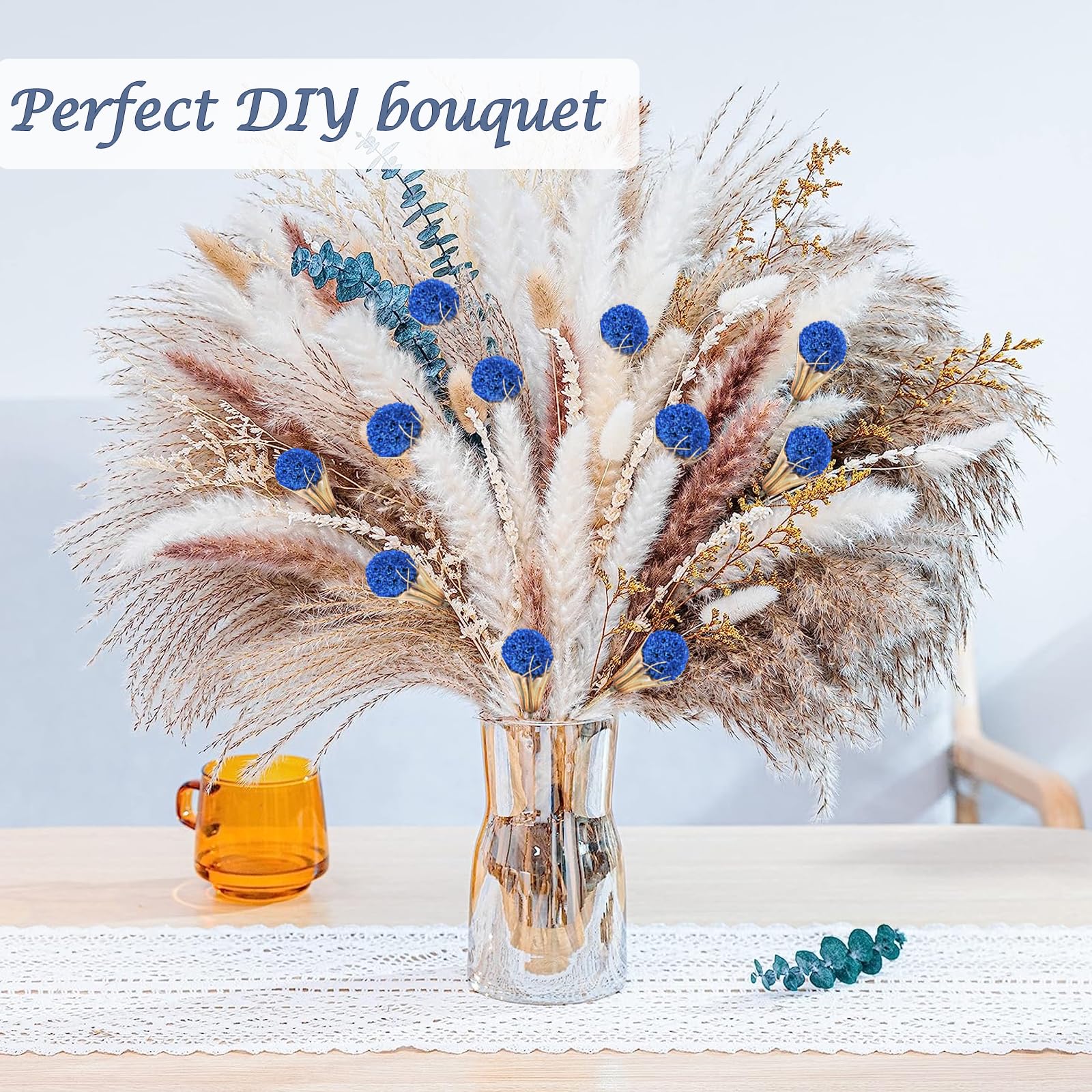 50 Pcs Natural Blue Dried Thistle Flowers Bouquet, Bulk Dried Craspedia Billy Balls Button Plant, 17'' DIY Floral Arrangements for Home Boho Kitchen Table Wedding Vase Decor