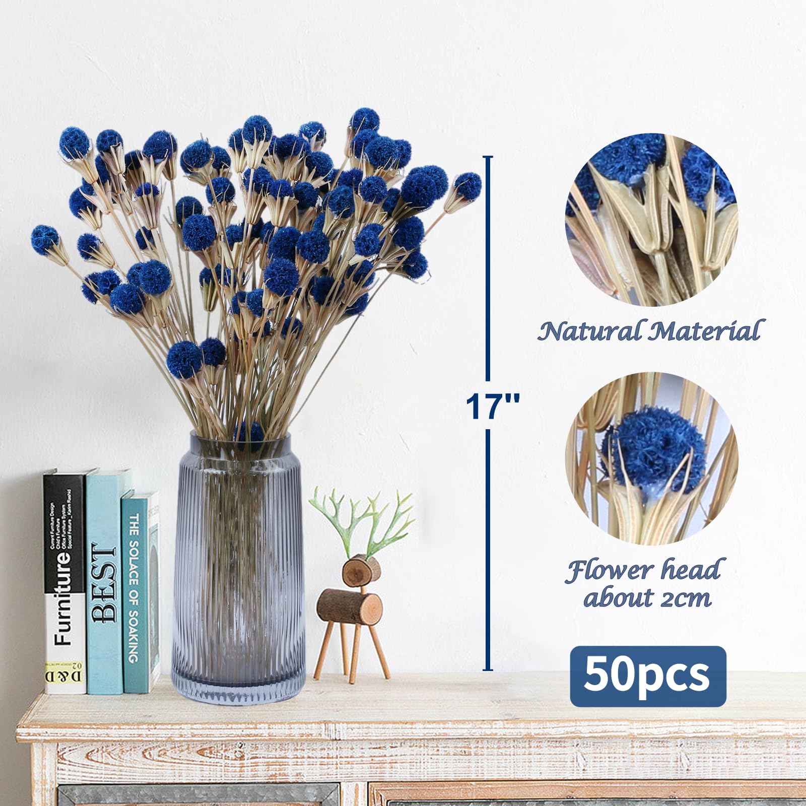 50 Pcs Natural Blue Dried Thistle Flowers Bouquet, Bulk Dried Craspedia Billy Balls Button Plant, 17'' DIY Floral Arrangements for Home Boho Kitchen Table Wedding Vase Decor