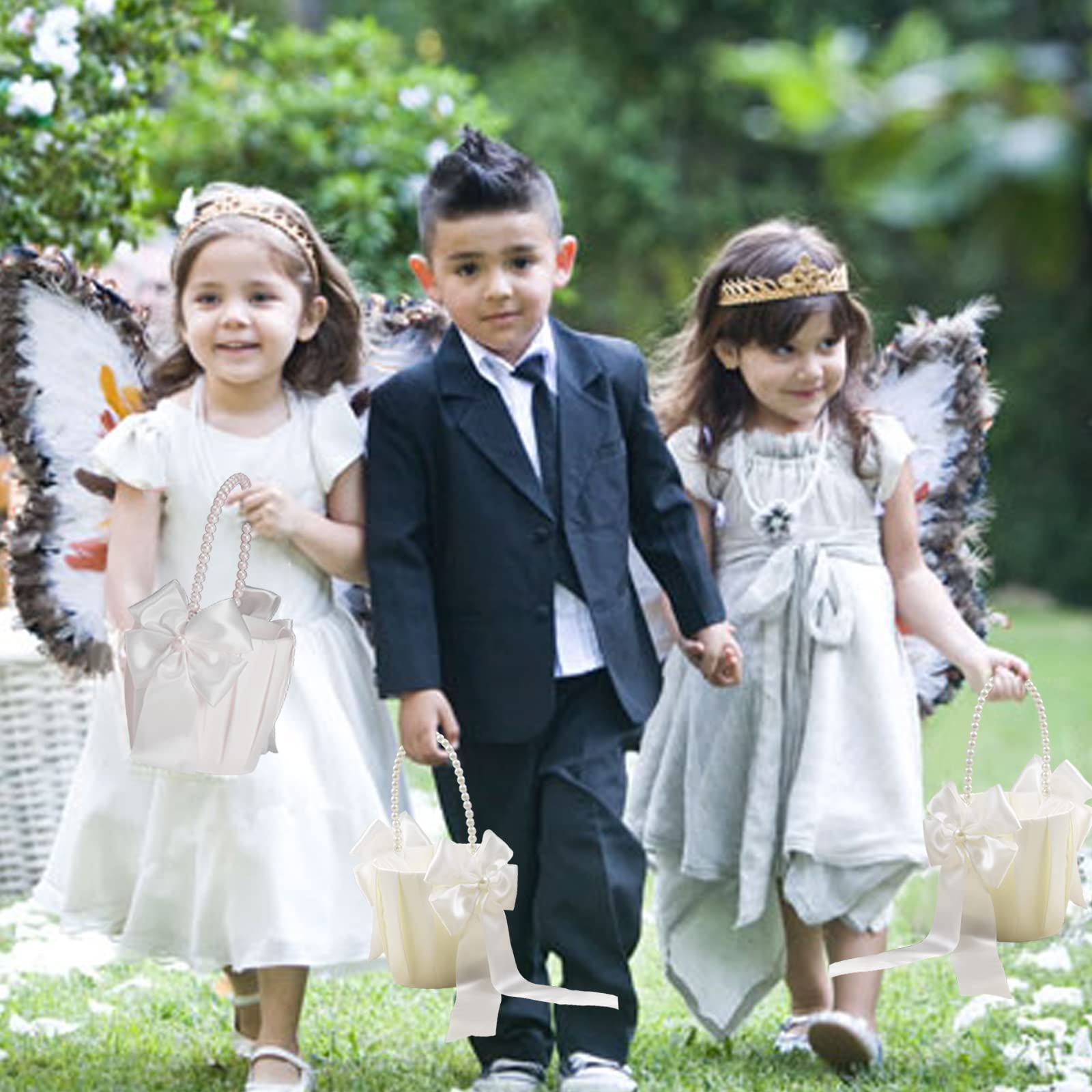 Flower Girl Baskets for Wedding,Ivory Flower Girl Basket set of 2,Wedding Baskets for Flower Girls (Ivory Basket 1)