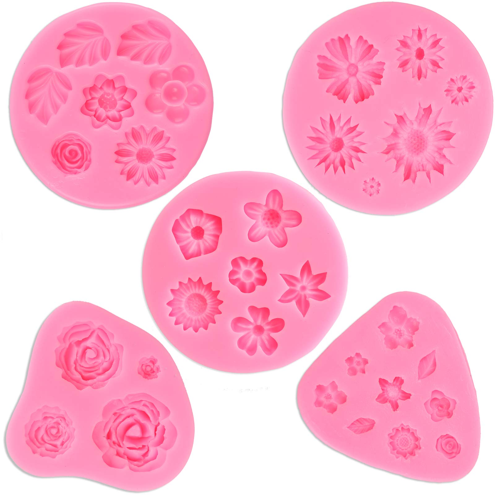 GELIFATLE Flower Fondant Cake Molds, Daisy, Rose, Chrysanthemum and Small Flower Candy Silicone Molds for Chocolate Fondant Polymer Clay Soap Crafting Projects & Cake Decoration (5pack)