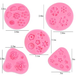 GELIFATLE Flower Fondant Cake Molds, Daisy, Rose, Chrysanthemum and Small Flower Candy Silicone Molds for Chocolate Fondant Polymer Clay Soap Crafting Projects & Cake Decoration (5pack)