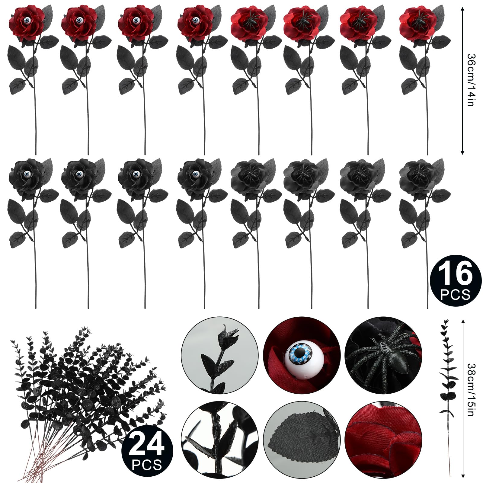 Hotop 40 Pcs Halloween Artificial Bloody Roses with Eyeball Flower Bouquet Set with Faux Eyeball Flowers Black Rose with Spiders Black Artificial Eucalyptus Stems Halloween Flowers Bulk Arrangements