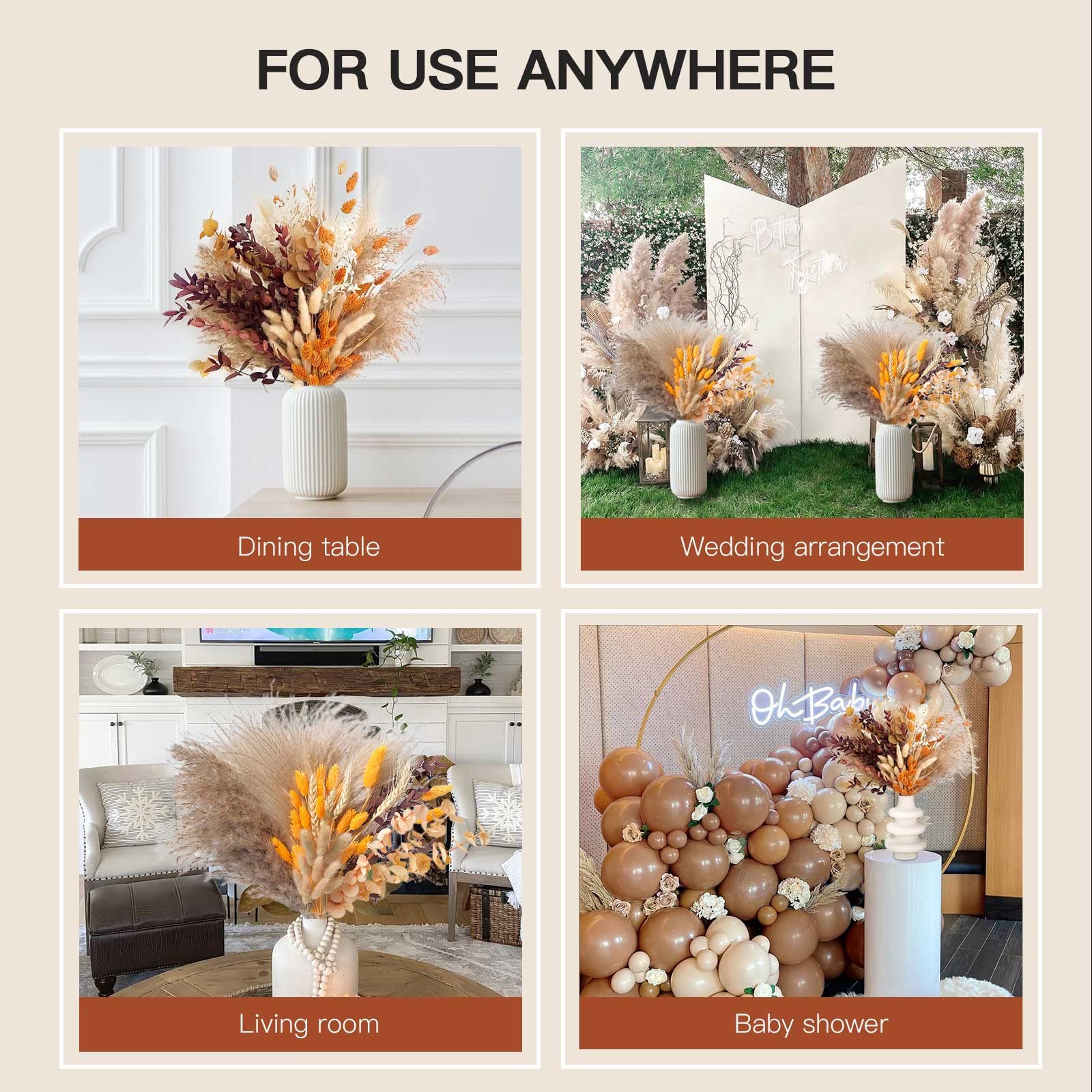 HUMINBO Fall Decor Autumn Decorations for Home Thanksgiving Table Boho Flowers Orange Pampas Grass Fluffy Dried Flower Bouquet Dry Pompas 17"-95-Pcs Pompous (Orange)