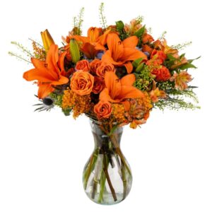 pumpkin spice | orange, green fresh flower arrangement with vase | arabella bouquets | flowers for delivery, anniversary, congratulations, thanksgiving