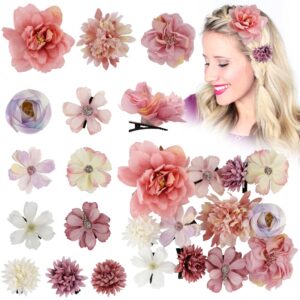 Ahoney 12 Pieces Bohemian Flowers Hair Clips for Women Girls, Artificial Multiple Flower Alligator Clips Chiffon Flower Hair Pin Hair Accessories for Beach Party Wedding Valentines Decor (Pink)