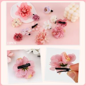 Ahoney 12 Pieces Bohemian Flowers Hair Clips for Women Girls, Artificial Multiple Flower Alligator Clips Chiffon Flower Hair Pin Hair Accessories for Beach Party Wedding Valentines Decor (Pink)