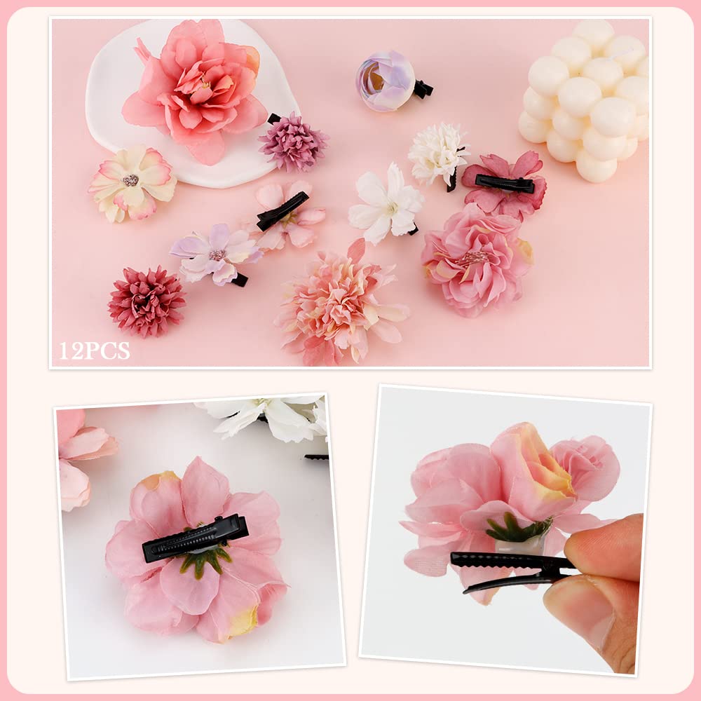 Ahoney 12 Pieces Bohemian Flowers Hair Clips for Women Girls, Artificial Multiple Flower Alligator Clips Chiffon Flower Hair Pin Hair Accessories for Beach Party Wedding Valentines Decor (Pink)