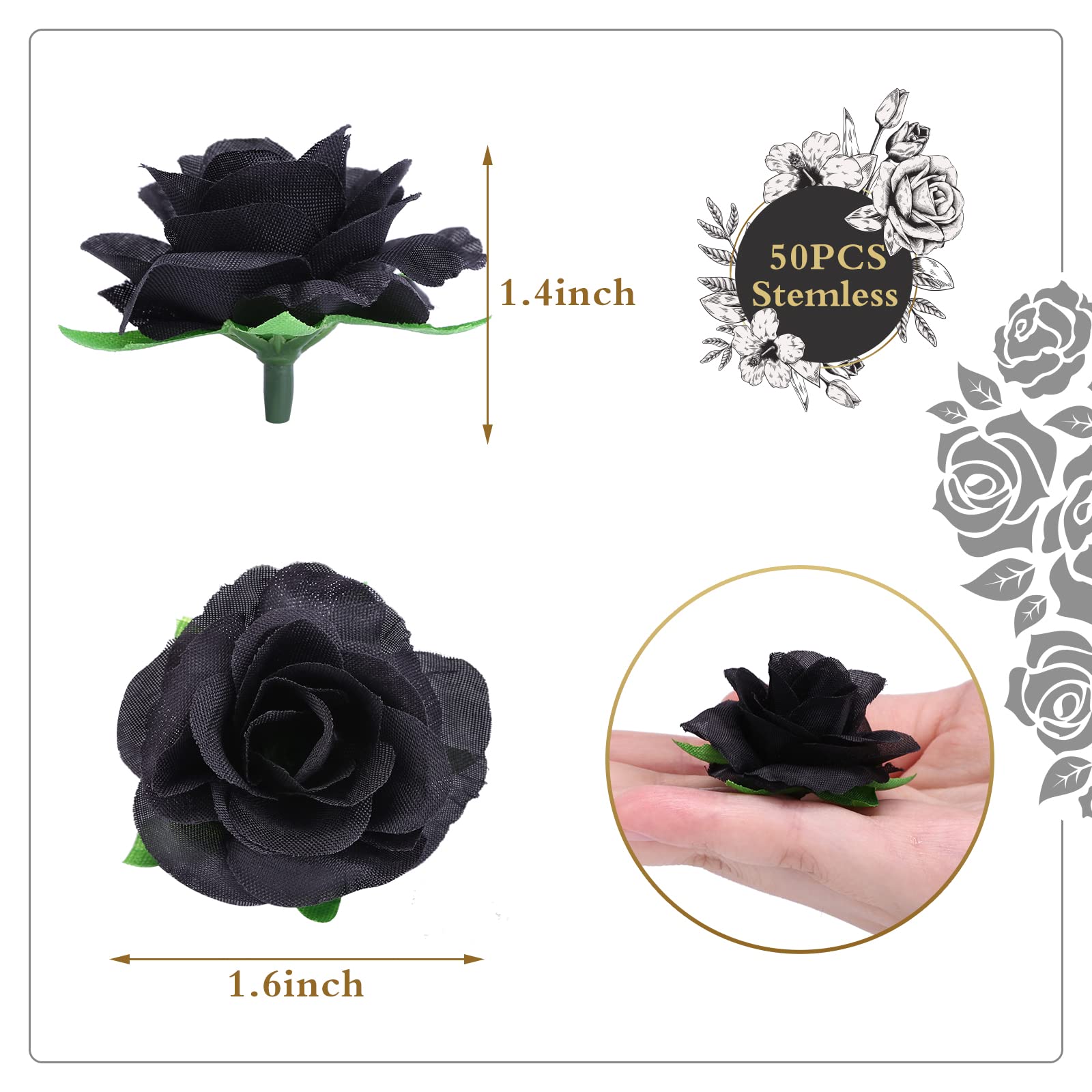 Kesoto 50pcs Black Roses Artificial Flowers Bulk, 1.6 Inch Small Silk Fake Roses Flower Heads for Decoration, Crafts, Wedding Halloween Party Home Decor