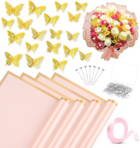 roadplum 20 sheets flower wrapping paper, pink floral wrapping paper bouquet kit with 100 pcs diamond bouquet pins 60 pcs 3d gold butterflies 1roll ribbon for diy craft flower wrapping gift packaging