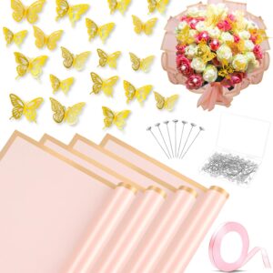 ROADPLUM 20 Sheets Flower Wrapping Paper, Pink Floral Wrapping Paper Bouquet Kit with 100 Pcs Diamond Bouquet Pins 60 Pcs 3D Gold Butterflies 1Roll Ribbon for DIY Craft Flower Wrapping Gift Packaging