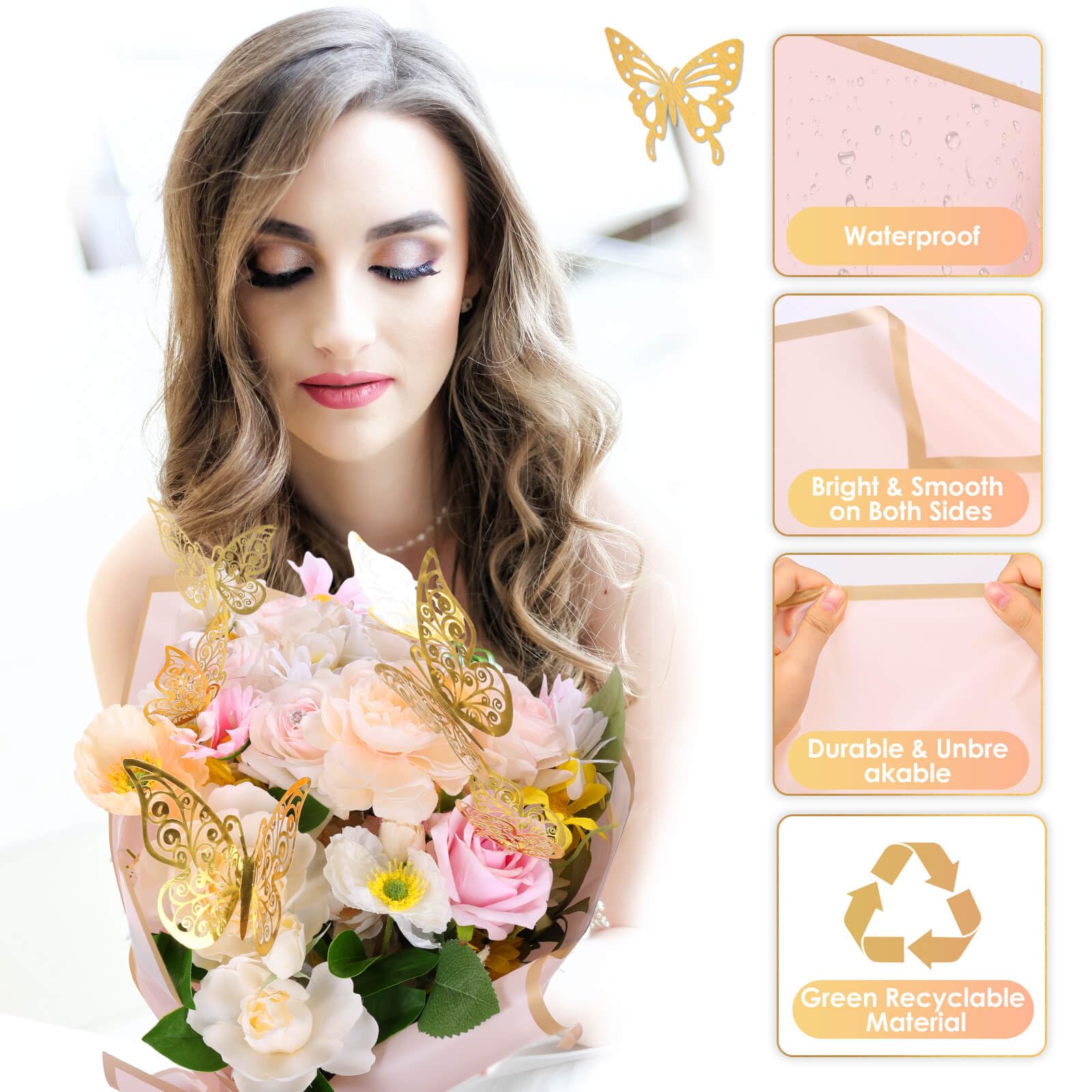 ROADPLUM 20 Sheets Flower Wrapping Paper, Pink Floral Wrapping Paper Bouquet Kit with 100 Pcs Diamond Bouquet Pins 60 Pcs 3D Gold Butterflies 1Roll Ribbon for DIY Craft Flower Wrapping Gift Packaging