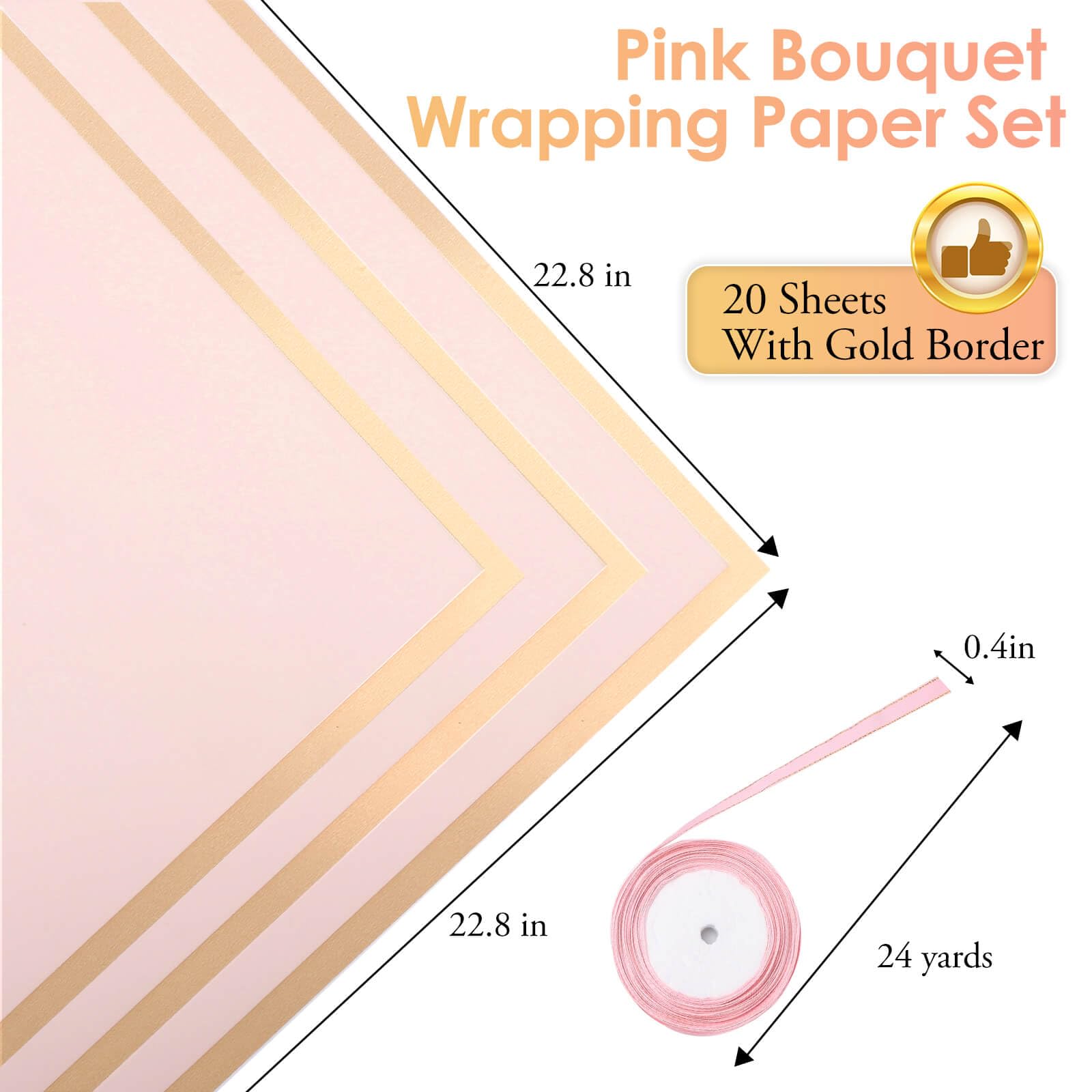 ROADPLUM 20 Sheets Flower Wrapping Paper, Pink Floral Wrapping Paper Bouquet Kit with 100 Pcs Diamond Bouquet Pins 60 Pcs 3D Gold Butterflies 1Roll Ribbon for DIY Craft Flower Wrapping Gift Packaging