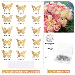 ROADPLUM 20 Sheets Flower Wrapping Paper, Pink Floral Wrapping Paper Bouquet Kit with 100 Pcs Diamond Bouquet Pins 60 Pcs 3D Gold Butterflies 1Roll Ribbon for DIY Craft Flower Wrapping Gift Packaging