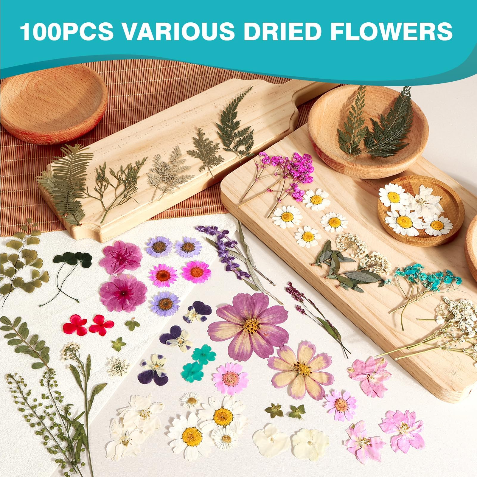 Resiners 100Pcs Dried Pressed Flowers for Resin Molds, Real Pressed Flowers Dry Leaves Kit for Art Crafts Resin Jewelry Making Scrapbook Supplies Card Making Soap Candle DIY