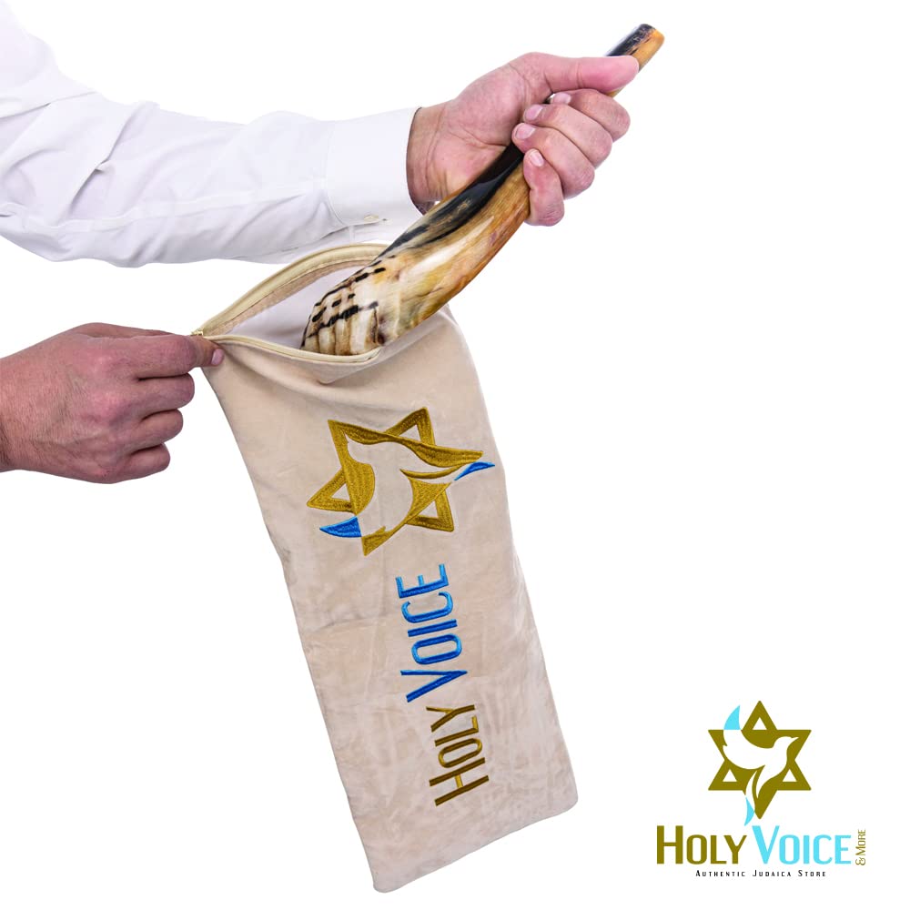 Handcrafted Kosher Ram Shofar from Israel – 14"-16" Musical Horn with Shofar Bag – Decorative, Functional Jewish Gifts for Women & Men by Holy Voice, Half Polished