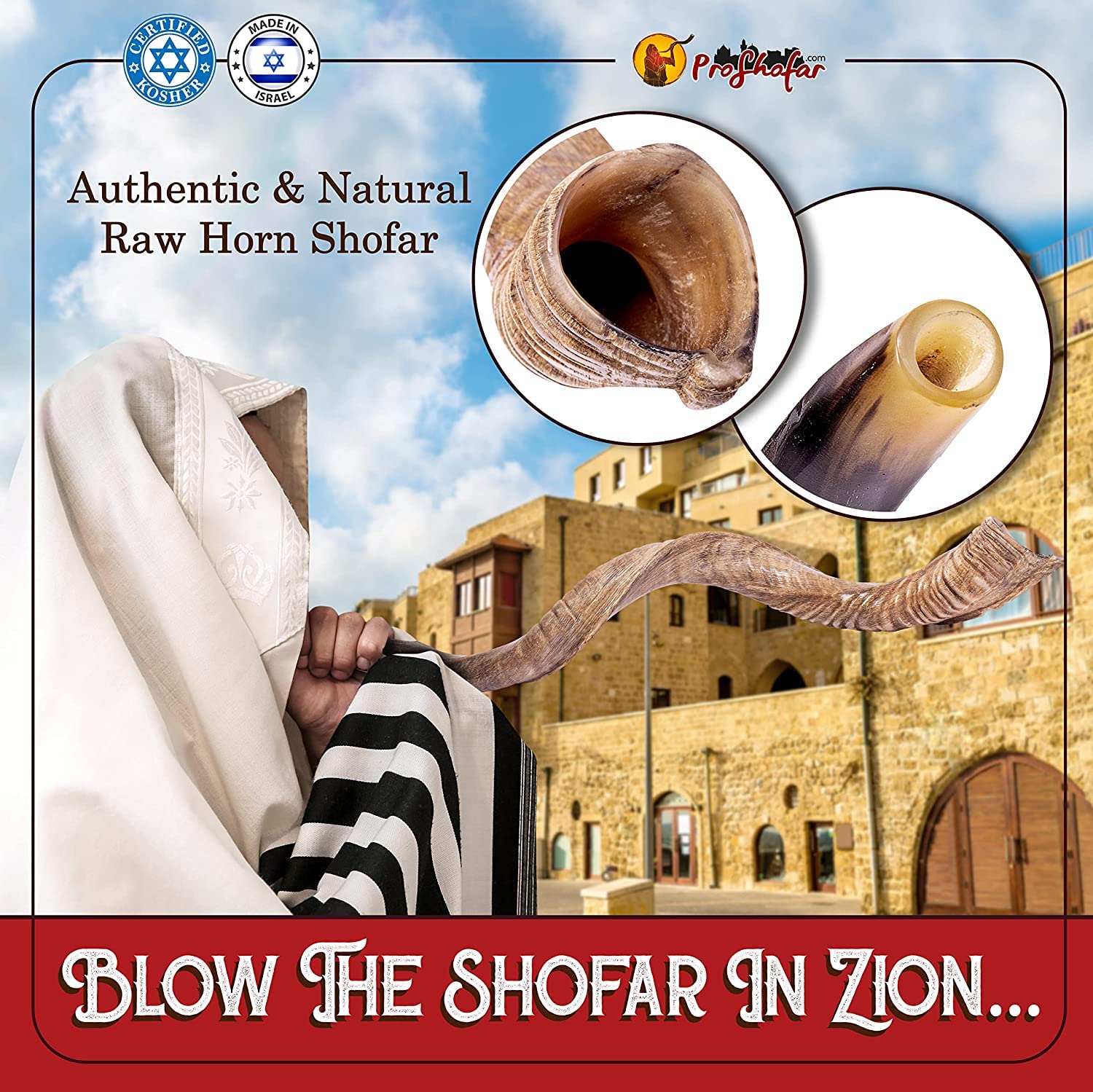 ProShofar Israel Shofar Set, Natural Kudu Horn Shofar, Kosher Shofar Yemenite Traditional Musical Instrument for Jewish Spiritual Ceremonies and Religious Sermons, Made in Israel