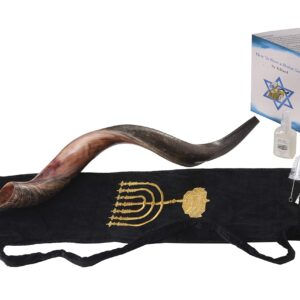 Yaliland Shofar Horn Musical Instrument - Kosher Kudu Ram Horns from Israel - Includes Bag, Book Guide, Anti-Odor Spray, 3 Brushes - Use for Religious Ceremonies - 24"-26", Half Polished-Half Natural