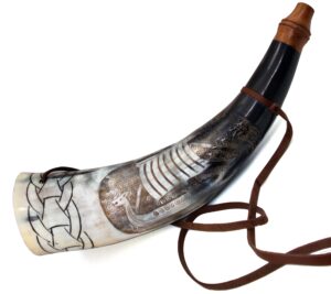 viking war horn - 16" genuine ox-horn battle trumpet - premium hand engraved boat horn viking norse cattle ancient horn bugle hunting tool battle horn blowing horn viking bugle horn with wooden stand