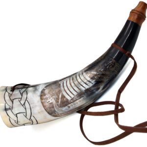 Viking War Horn - 16" Genuine Ox-Horn Battle Trumpet - Premium Hand Engraved BOAT Horn Viking Norse Cattle Ancient Horn Bugle Hunting Tool BATTLE HORN BLOWING HORN VIKING BUGLE HORN With Wooden Stand