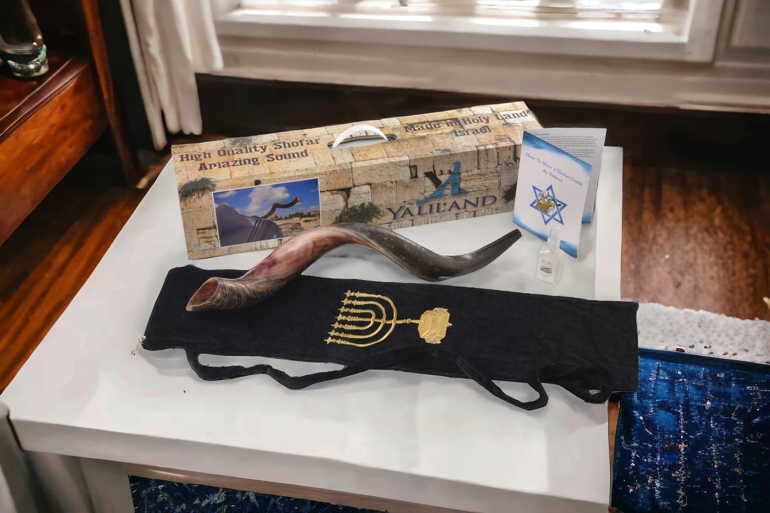 SHOFAR Set Half Polished Half Natural Kudu Horn Yemenite + Bag + Spray + Guide + Carrying Box Case (30"-32") From Israel