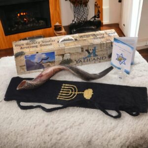 SHOFAR Set Half Polished Half Natural Kudu Horn Yemenite + Bag + Spray + Guide + Carrying Box Case (30"-32") From Israel