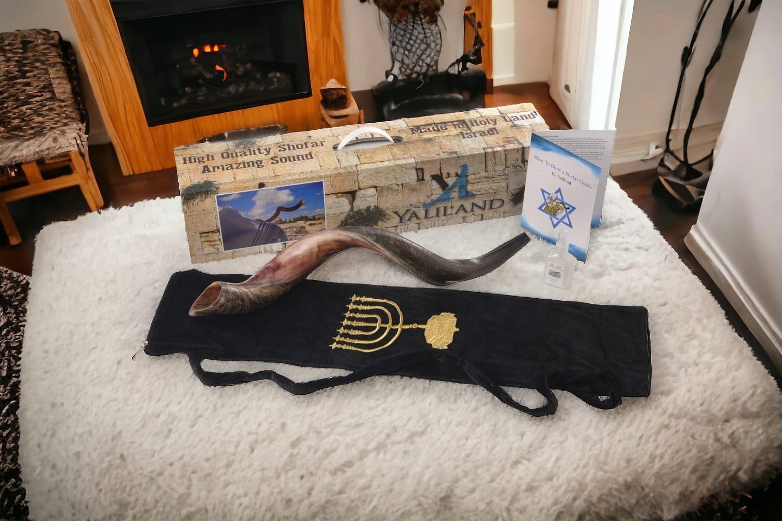 SHOFAR Set Half Polished Half Natural Kudu Horn Yemenite + Bag + Spray + Guide + Carrying Box Case (30"-32") From Israel