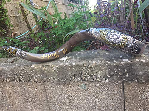 Shofar Yemenite Kudu Horn 38''+ with Sterling Silver Plated + 3D Decorated of - Lion of judah - Authentic Curved Made In Israel