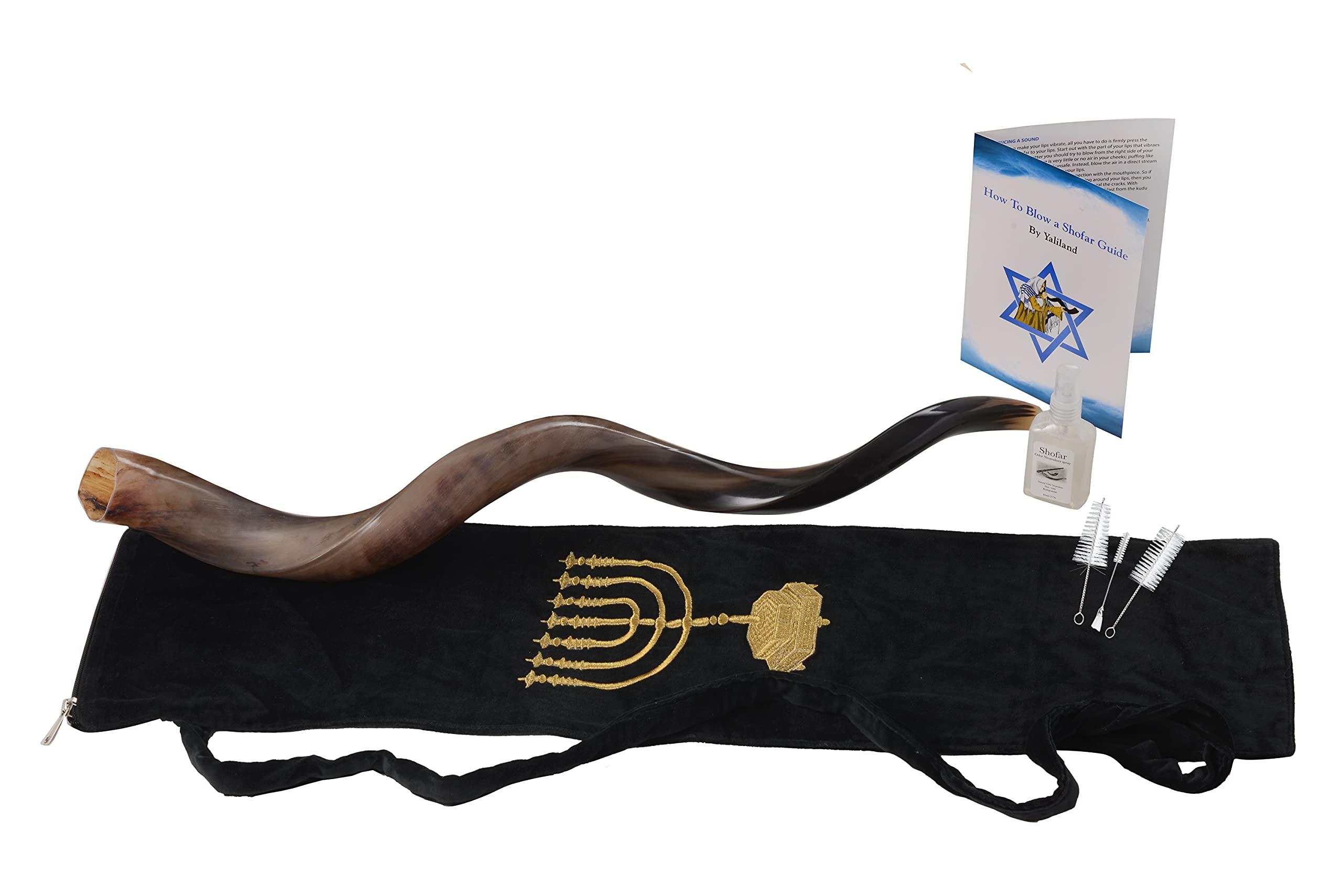 Yaliland Shofar Horn Musical Instrument - Authentic Kosher Kudu Ram Horns from Israel - Includes Bag, Book Guide, Anti-Odor Spray, 3 Brushes - Ideal for Religious Ceremonies - 36"-38", Fully Polished