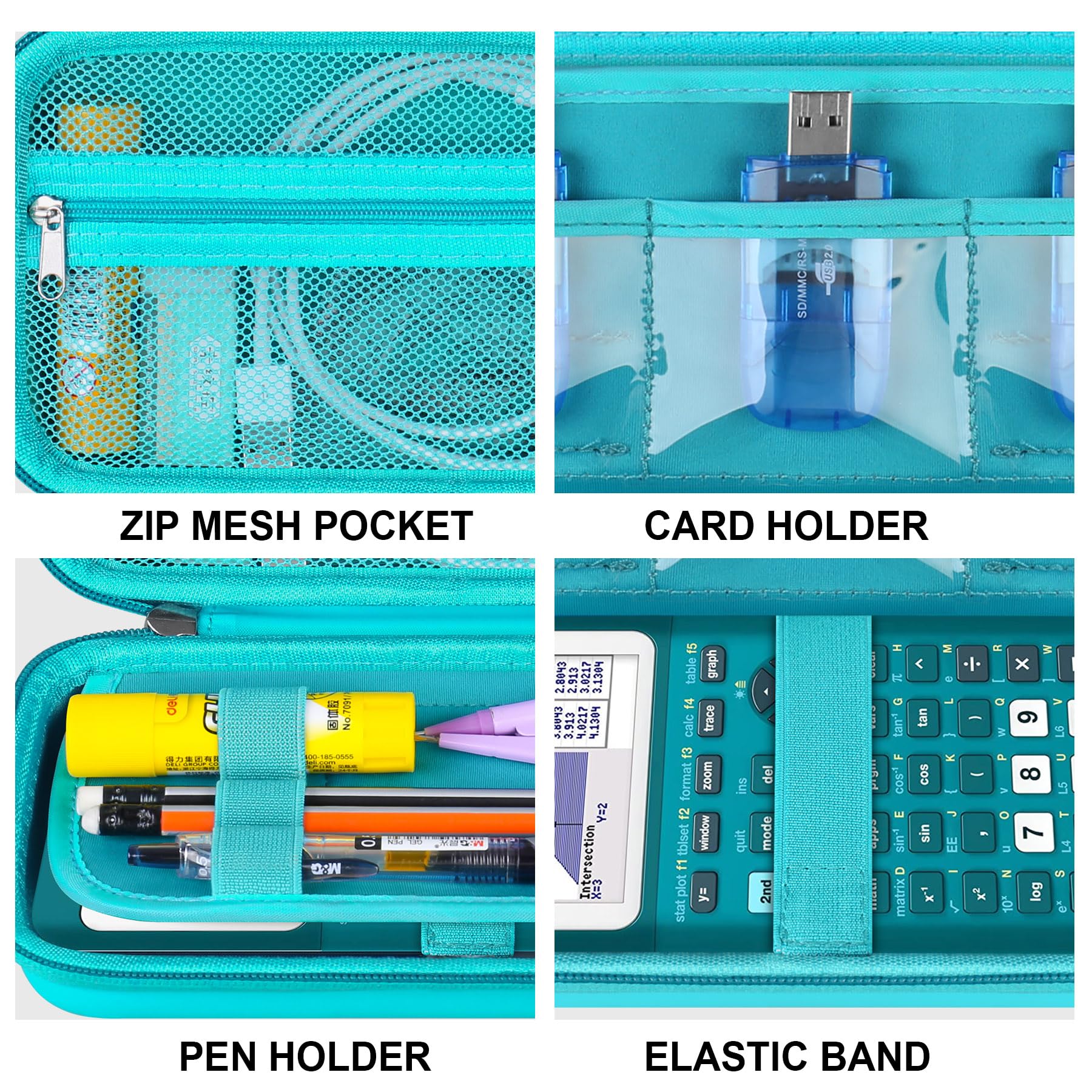 Supmay Hard Travel Case for Texas Instruments TI-84 Plus CE/TI-84 Plus/TI-83 Plus CE Color Graphing Calculator, Storage Holder with Mesh Pockets for USB Power Charger Cable, User Manual, Teal