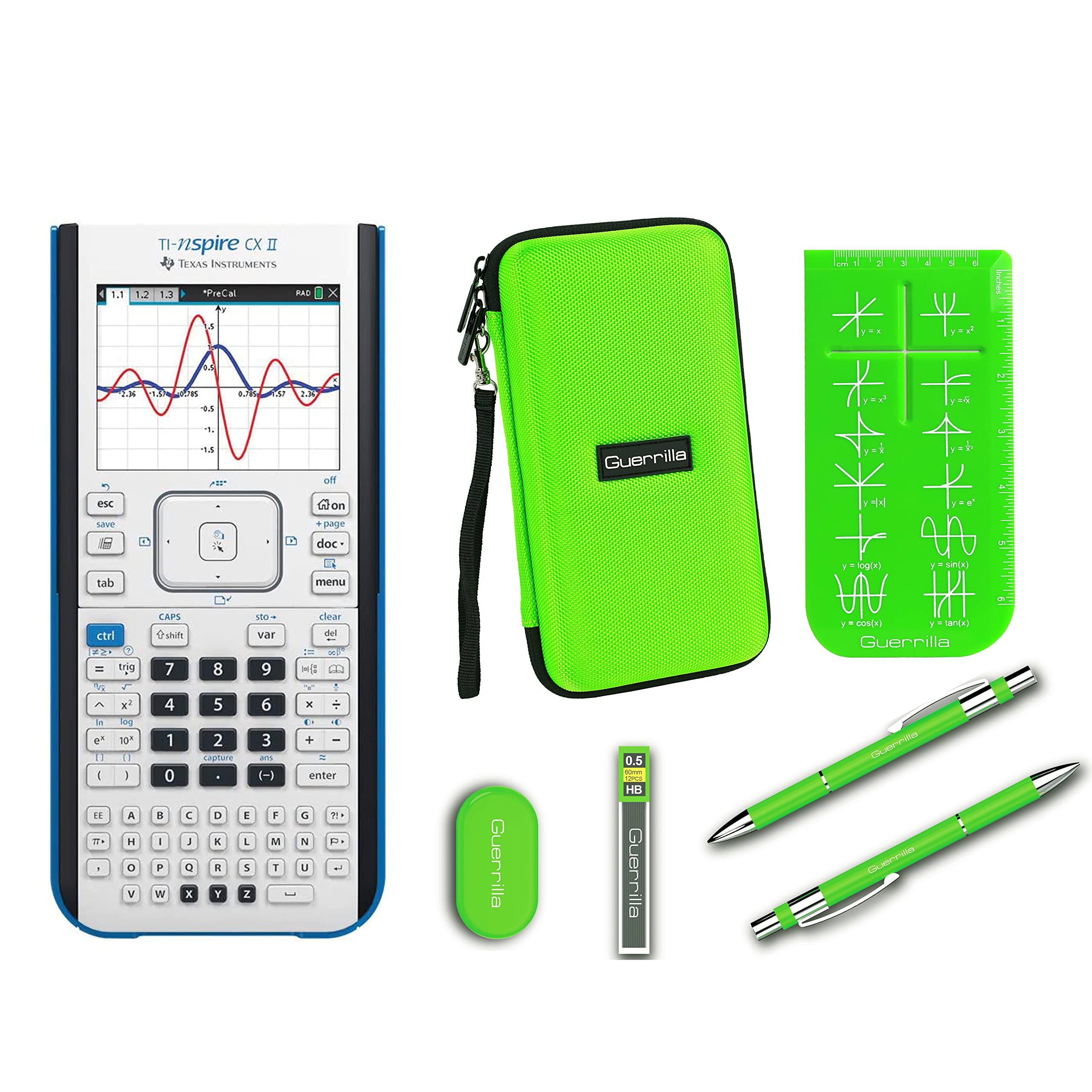 Texas Instruments Ti Nspire CX II Graphing Calculator + Guerrilla Zipper Case + Essential Graphing Calculator Accessory Kit, Green