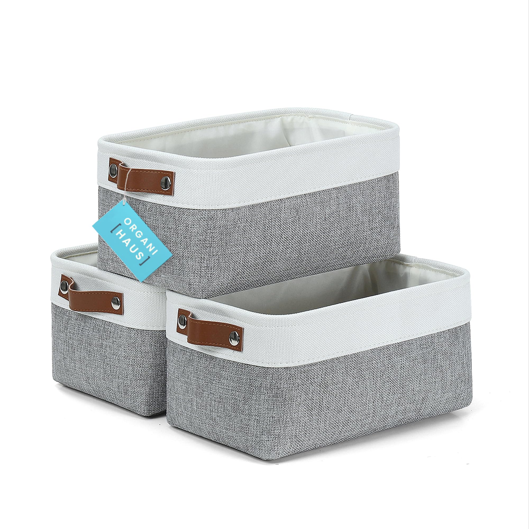 OrganiHaus Small Fabric Storage Bins for Shelves 3 Pack | 12x8in Closet Storage Bins for Shelves | Cloth Baskets for Organizing | Linen Closet Organizers | Fabric Basket - Gray/White