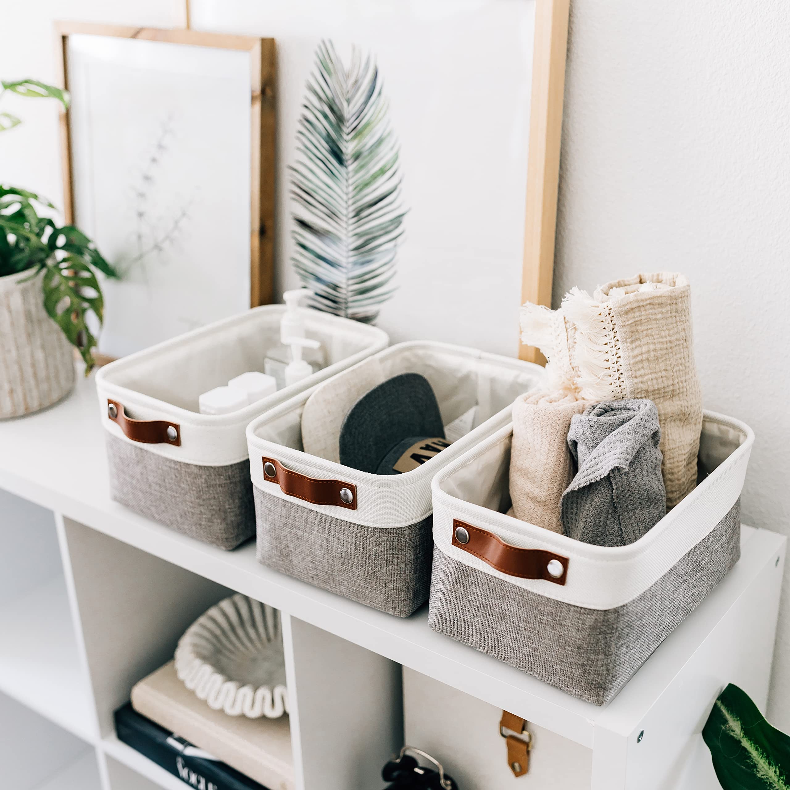 OrganiHaus Small Fabric Storage Bins for Shelves 3 Pack | 12x8in Closet Storage Bins for Shelves | Cloth Baskets for Organizing | Linen Closet Organizers | Fabric Basket - Gray/White