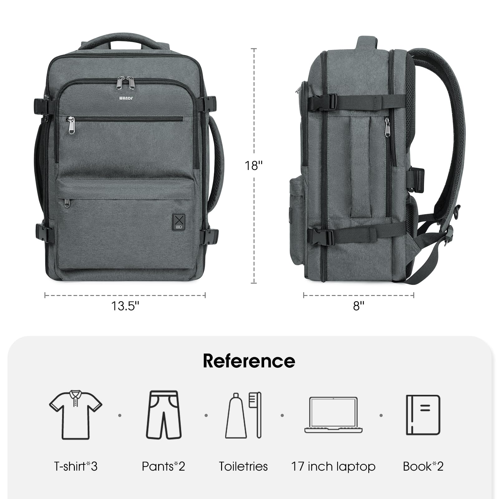 WANDF Travel Backpack For Spirit Airlines Personal Item Bag 18x14x8 with Wet Pocket, 17 Inch Laptop Backpack for Men Women（Grey）