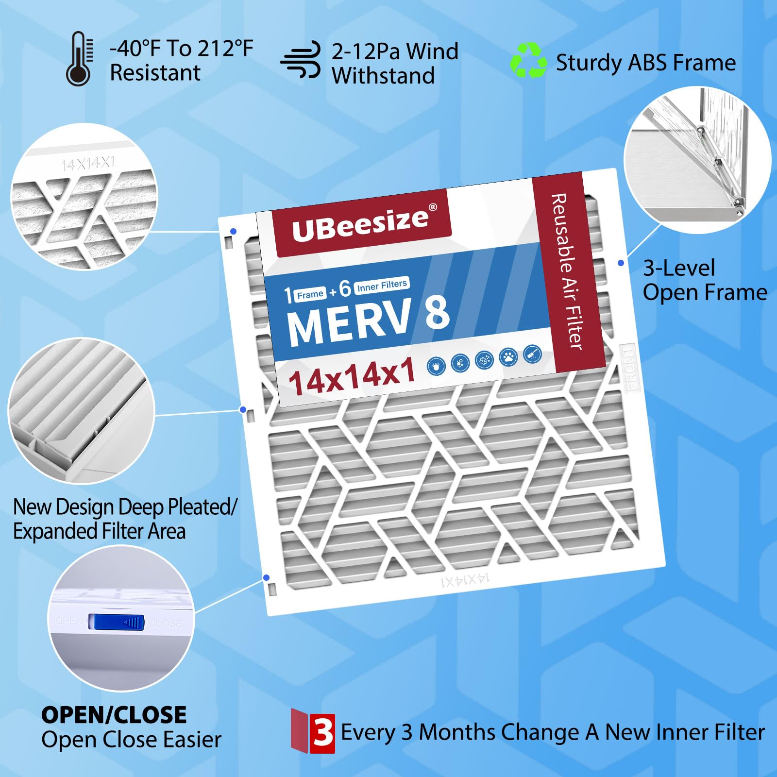 UBeesize Reusable Air Filter 14x14x1 (6-Pack), MERV 8 MPR 700 AC/HVAC Furnace Filters,Deep Pleated Air Cleaner, (Actual Size 13.5 x 13.5 x 0.8 Inches),1x Reusable ABS Frame+6 x Filter,Easy Close/Open