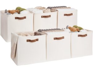 storageworks 13x13 storage cubes, collapsible storage bins organizer for closet, fabric storage box with pu handles, beige, 6-pack