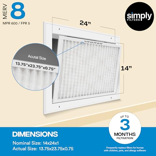 Simply Filters 14x24x1 MERV 8, MPR 600, Air Filter (6 Pack) - Actual Size: 13.75"x23.75"x0.75" HVAC, AC Furnace Air Filter