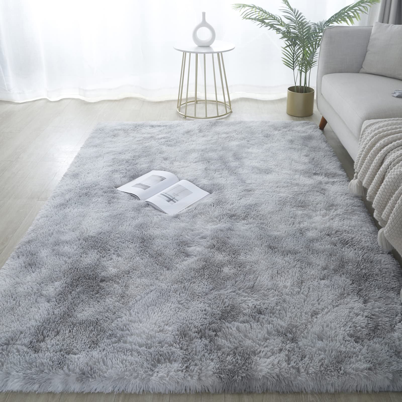 GERBIT Shag Area Rug 9x12 Feet Soft Indoor Rectangular Rugs Carpet Modern Luxury Plush Rugs for Living Room Home Decor Tie-Dyed Light Gray