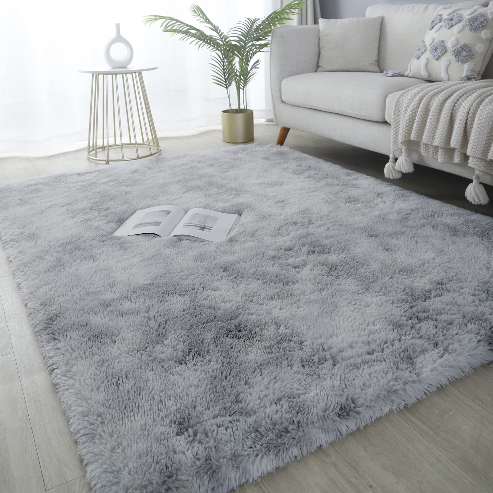 GERBIT Shag Area Rug 9x12 Feet Soft Indoor Rectangular Rugs Carpet Modern Luxury Plush Rugs for Living Room Home Decor Tie-Dyed Light Gray