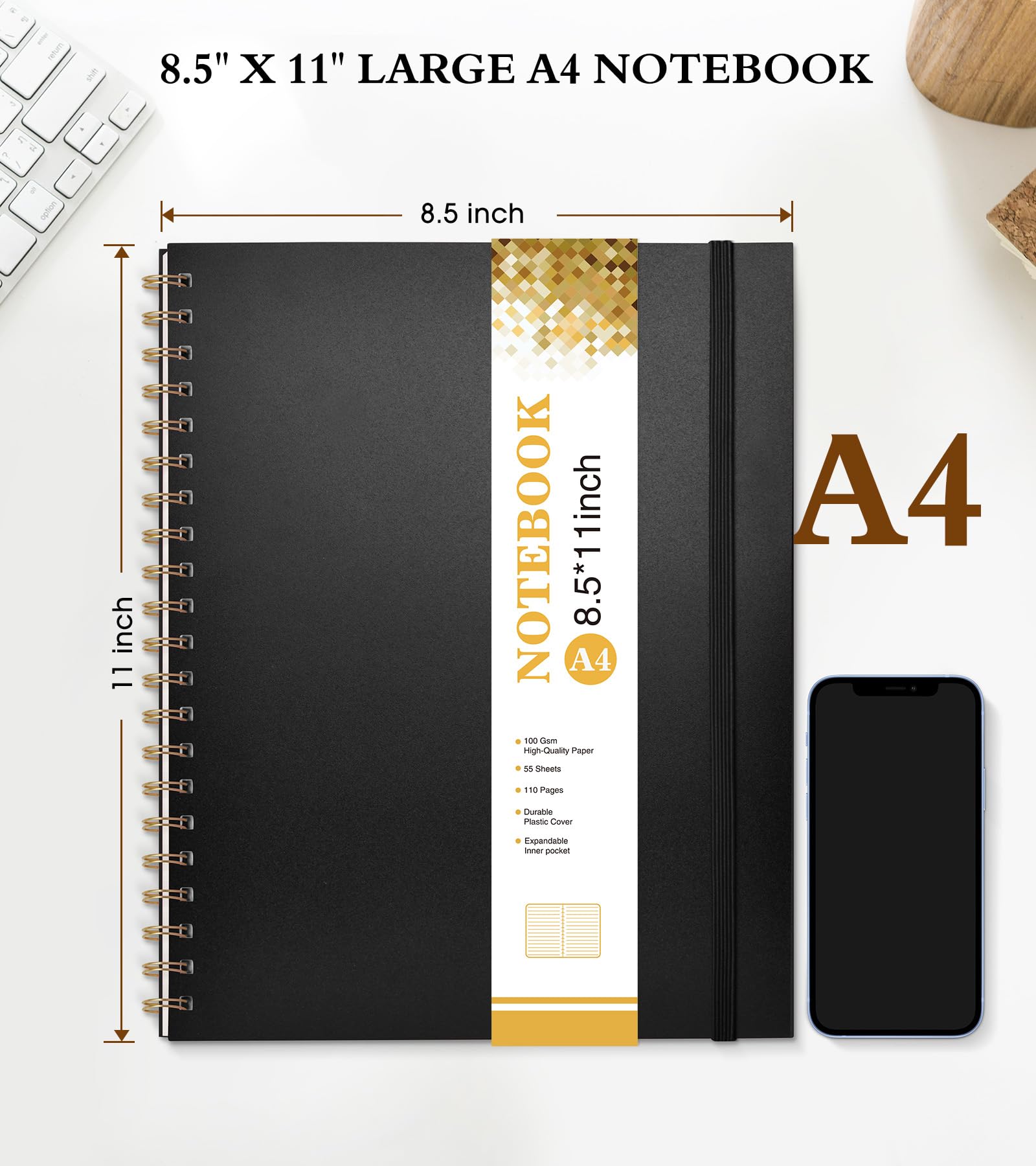 Spiral Notebook Journal 8.5” x 11”, A4 Large Notebooks for Women Men, College Ruled Lined Journal, 100 GSM Paper, Plastic Hardcover Spiral Bound Journals for Work School Note Taking Business, Black