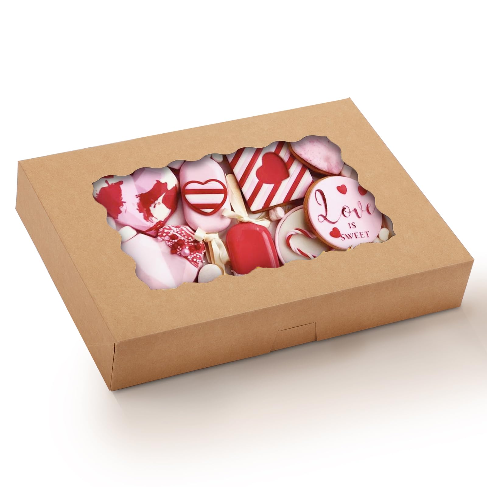 Moretoes 24 Pack Cookie Boxes, 14 x 10 x 2.5 Inches Kraft Bakery Boxes with Window, Brown Treat Boxes for Chocolate Strawberries, Donuts, Pies, Muffins and Pastries