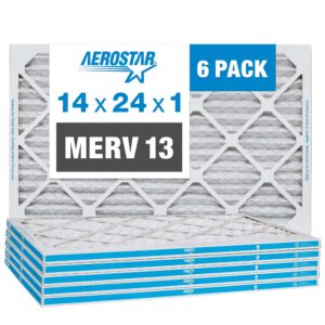 Aerostar 14x24x1 MERV 13 Pleated Air Filter, AC Furnace Air Filter, 6 Pack (Actual Size: 13 3/4"x 23 3/4" x 3/4")