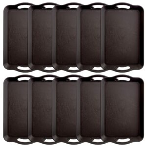 10-Pack Handled Cafeteria Trays - 14" x 9" Rectangular Wood Grain Textured Plastic Food Serving TV Tray - Great for Restaurant Buffets, Diners, School Lunch, Cafe Commercial Kitchen (Black)