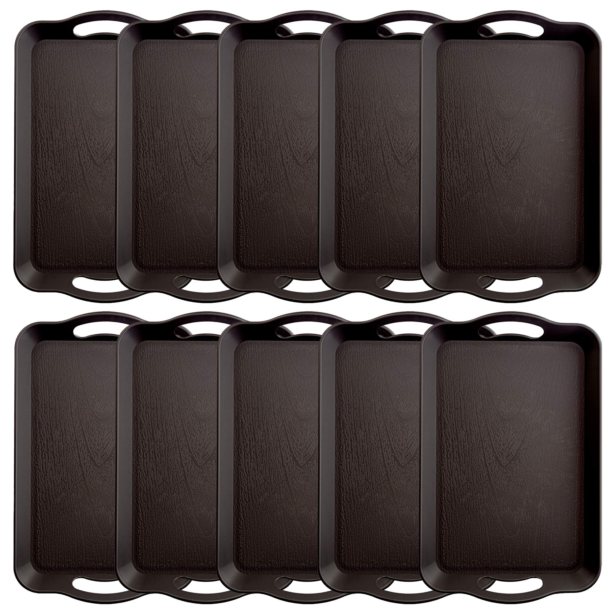 10-Pack Handled Cafeteria Trays - 14" x 9" Rectangular Wood Grain Textured Plastic Food Serving TV Tray - Great for Restaurant Buffets, Diners, School Lunch, Cafe Commercial Kitchen (Black)