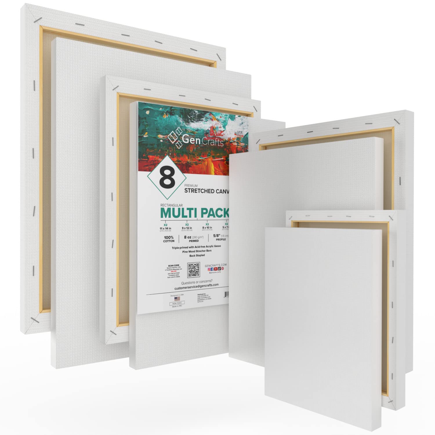 GenCrafts Stretched White Rectangular Canvas Multi Pack - 5x7, 8x10, 9x12, 11x14 (2 of Each) Set of 8 - Triple Primed - 100% Cotton - for Acrylic, Oil, Other Wet or Dry Art Media - Artists Grade