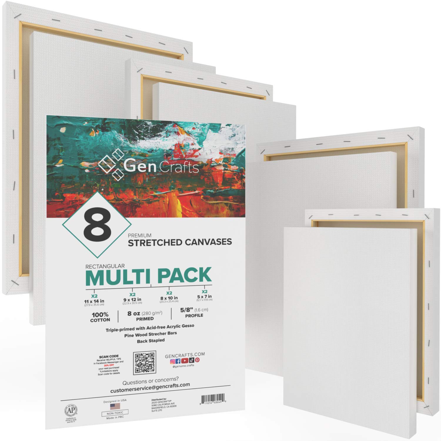 GenCrafts Stretched White Rectangular Canvas Multi Pack - 5x7, 8x10, 9x12, 11x14 (2 of Each) Set of 8 - Triple Primed - 100% Cotton - for Acrylic, Oil, Other Wet or Dry Art Media - Artists Grade