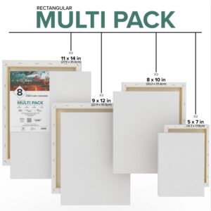 GenCrafts Stretched White Rectangular Canvas Multi Pack - 5x7, 8x10, 9x12, 11x14 (2 of Each) Set of 8 - Triple Primed - 100% Cotton - for Acrylic, Oil, Other Wet or Dry Art Media - Artists Grade